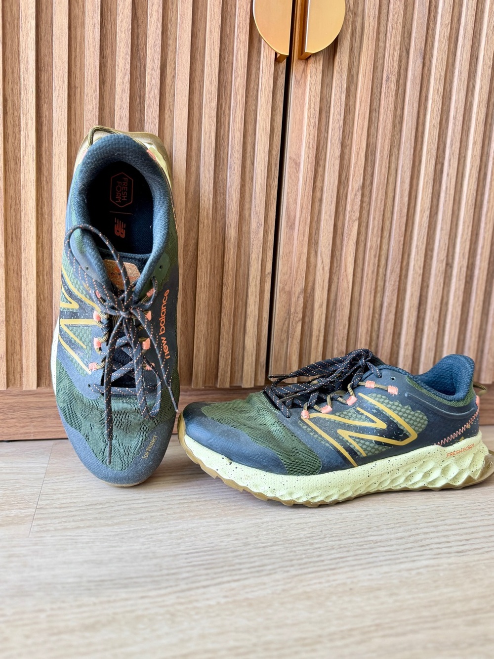 New Balance Men’s Olive Green and Yellow Trail Runners